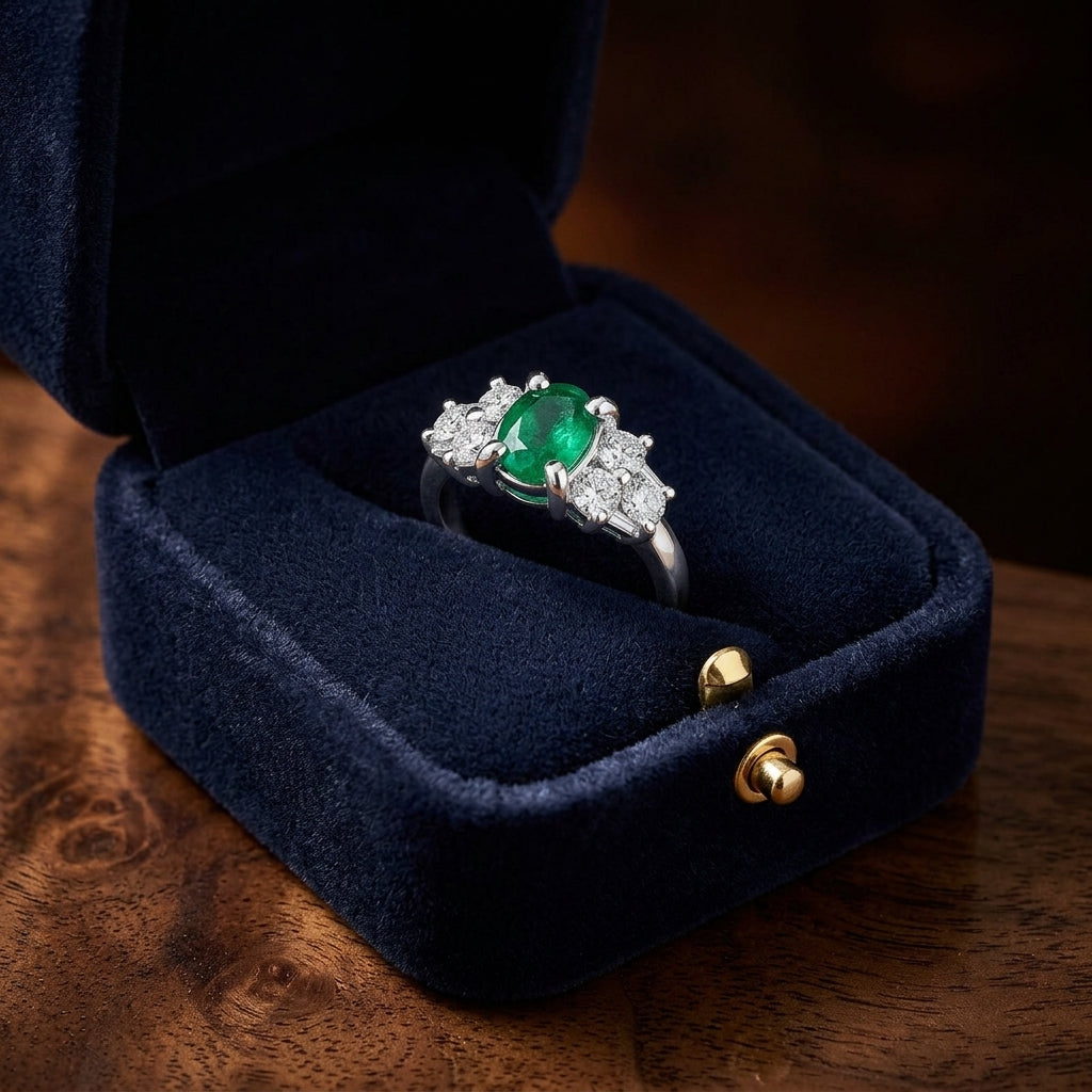 Emerald And Diamond Oval Prong Ring In 18k White Gold — gift presentation