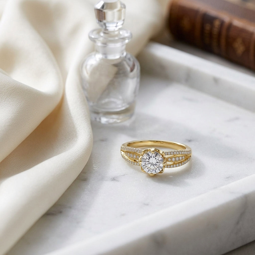 Diamond Lotus Head Split Shank Engagement Ring In 18k Yellow Gold — atelier still life