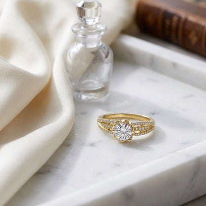 Diamond Lotus Head Split Shank Engagement Ring In 18k Yellow Gold — atelier still life