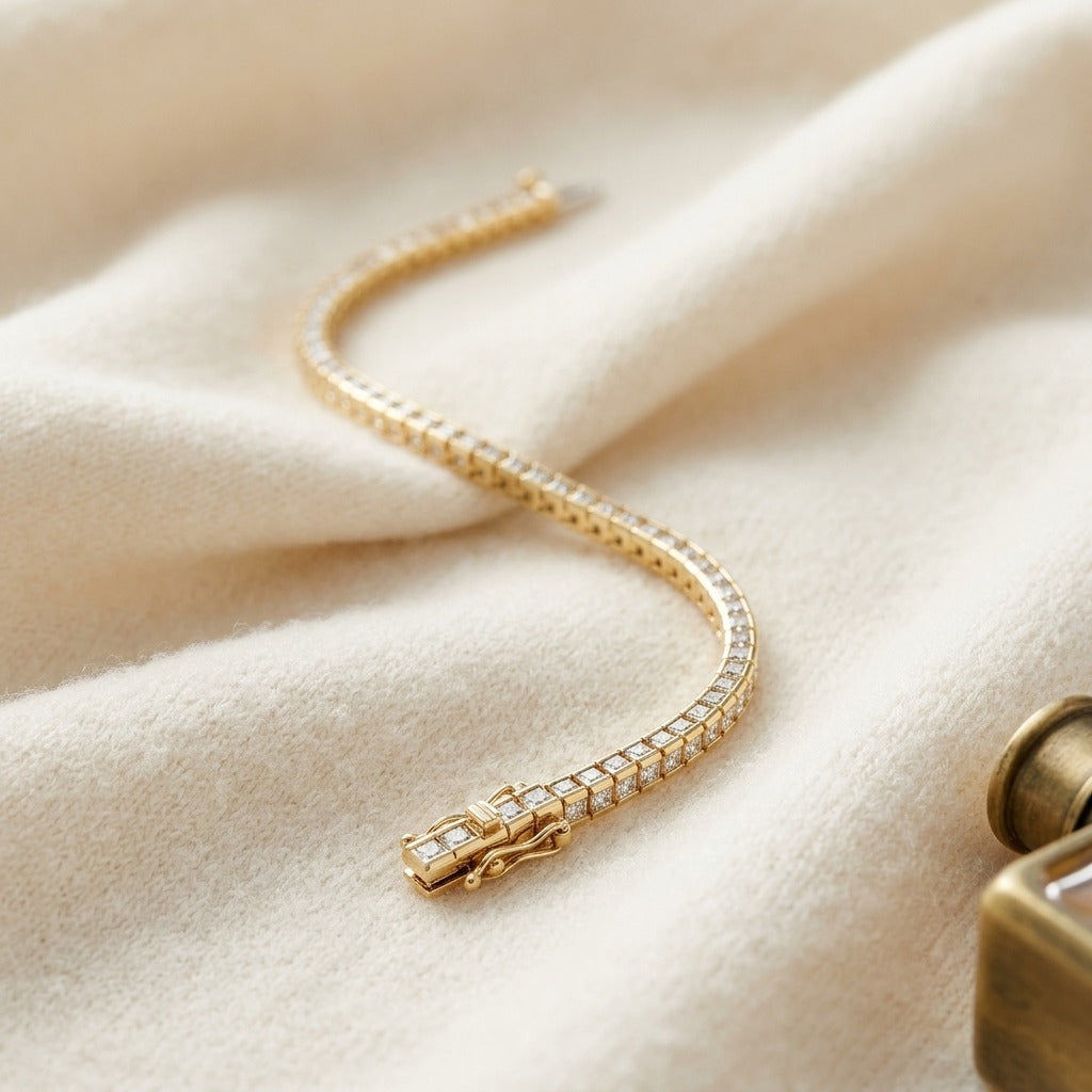 Diamond Princess Channel Tennis Bracelet in 18k Yellow Gold (4ctw) — textile flat lay