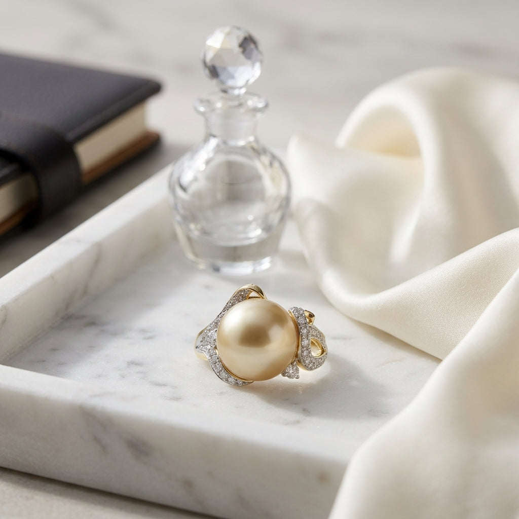 Golden South Sea Pearl And Diamond Ring In 18k Yellow Gold — atelier still life