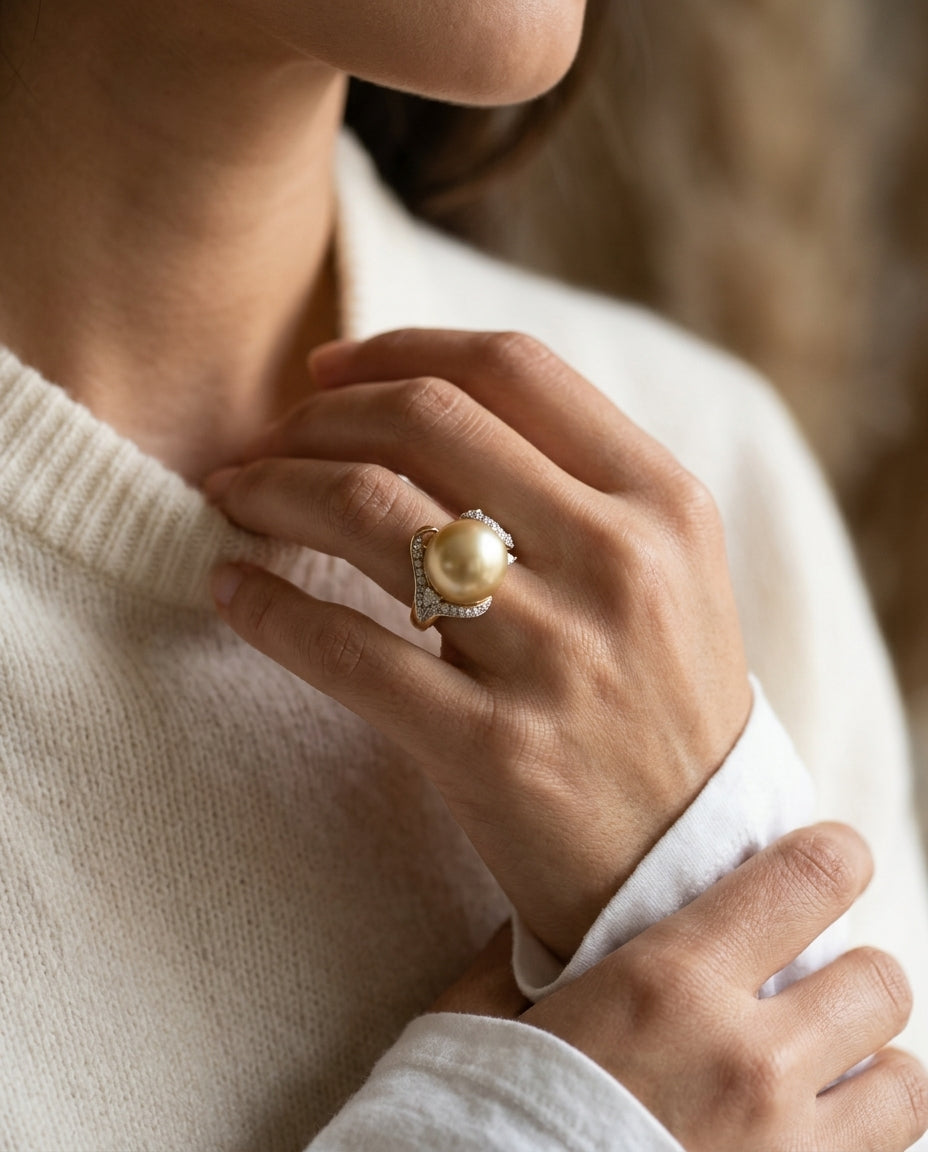 Golden South Sea Pearl And Diamond Ring In 18k Yellow Gold — editorial close-up