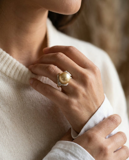 Golden South Sea Pearl And Diamond Ring In 18k Yellow Gold — editorial close-up