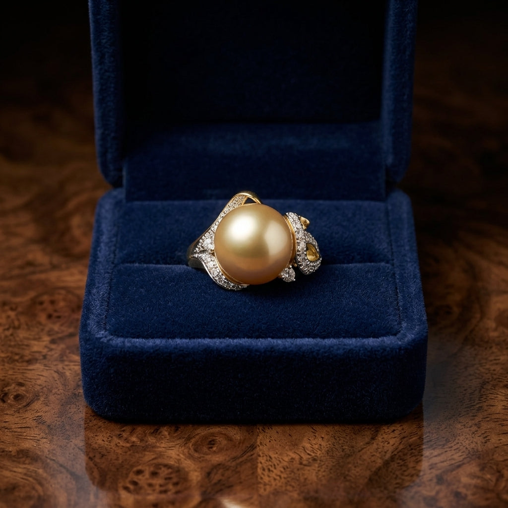 Golden South Sea Pearl And Diamond Ring In 18k Yellow Gold — gift presentation