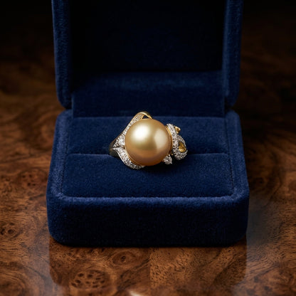 Golden South Sea Pearl And Diamond Ring In 18k Yellow Gold — gift presentation