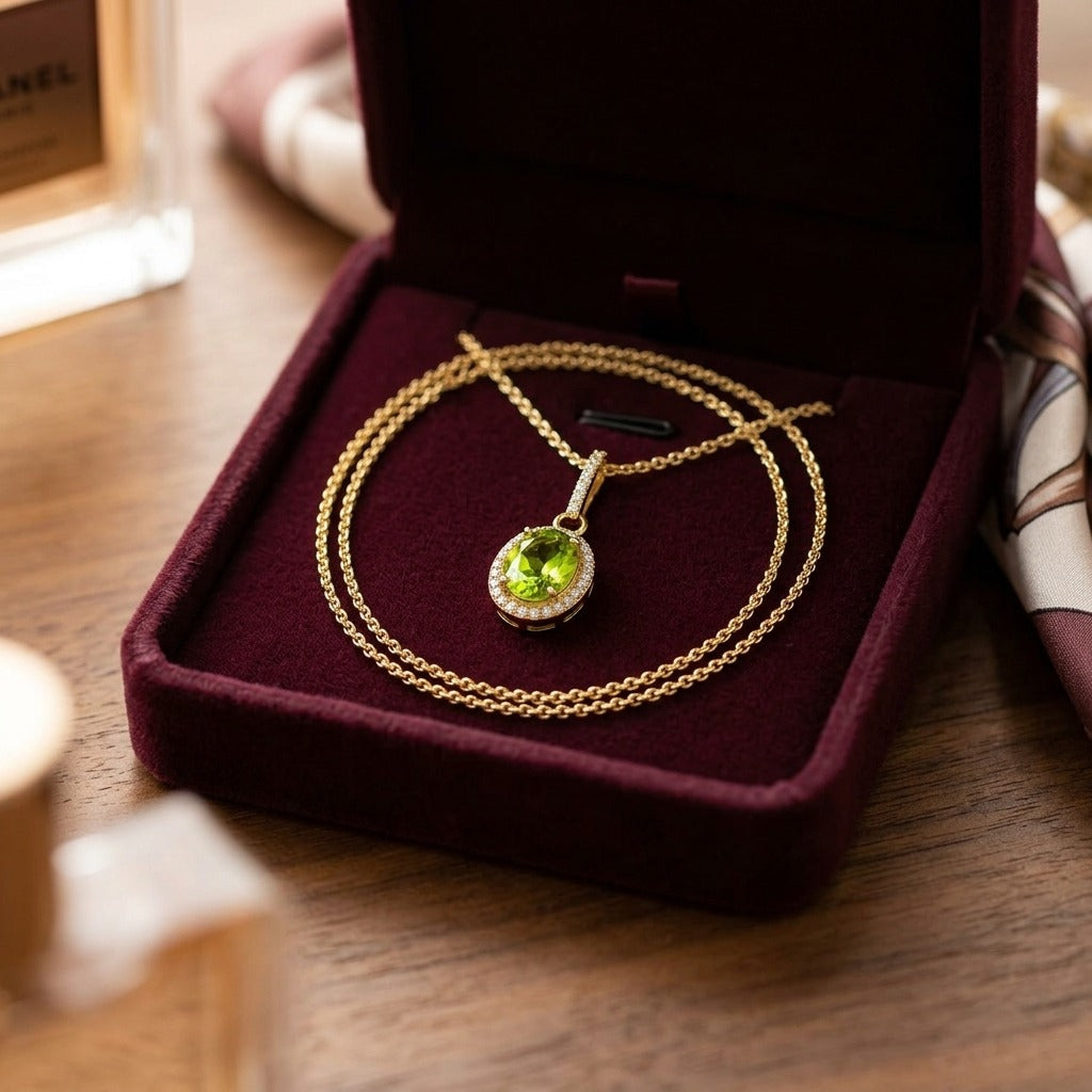 Peridot and Diamond Pendant in 18k Yellow Gold (1/6 Ct.tw.) — velvet box