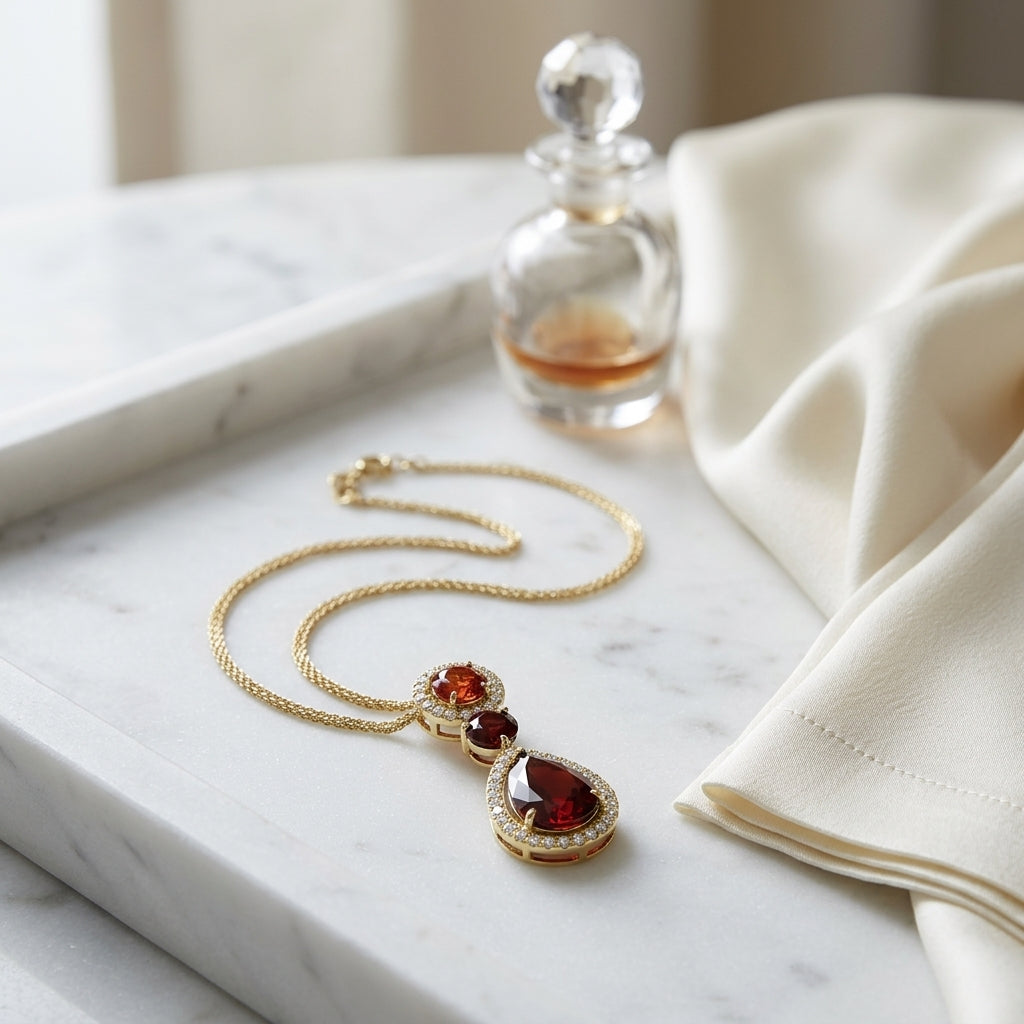 18ky Aquamarine/garnet Necklace With Diamonds — atelier still life