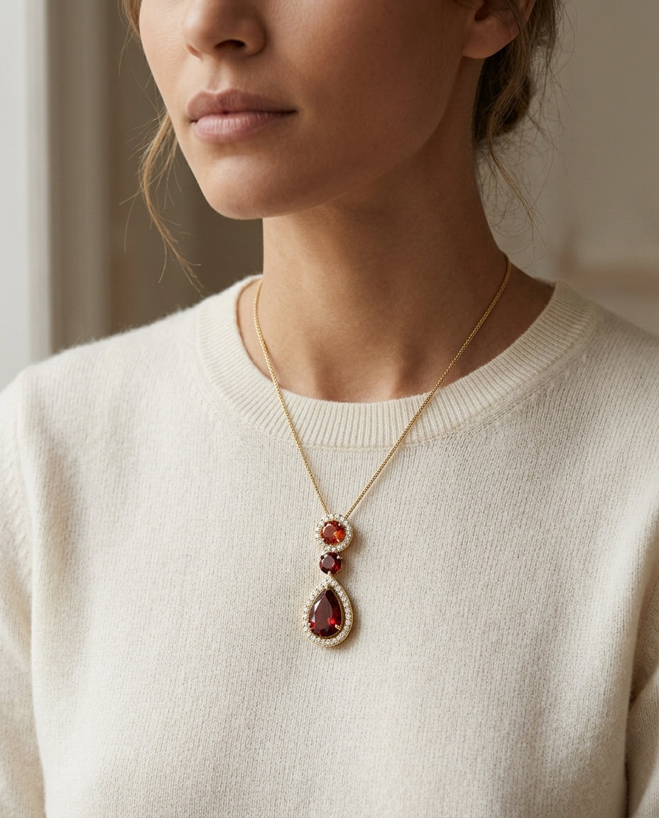 18ky Aquamarine/garnet Necklace With Diamonds — editorial close-up