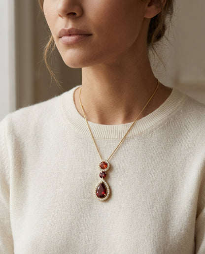 18ky Aquamarine/garnet Necklace With Diamonds — editorial close-up