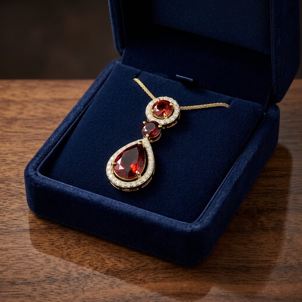 18ky Aquamarine/garnet Necklace With Diamonds — gift presentation