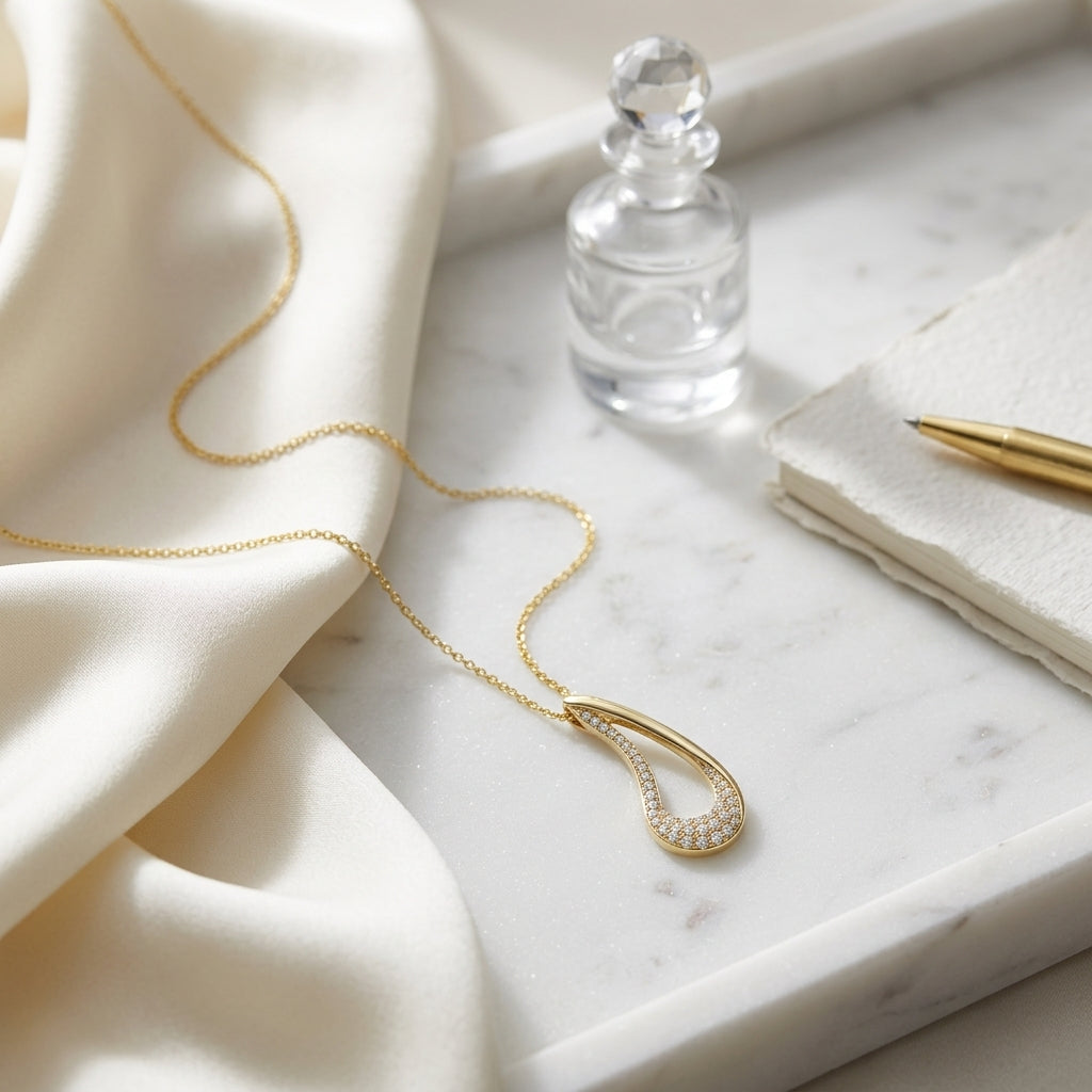 Diamond Pave Curved Open Tear Drop Pendant In 18k Yellow Gold (18-inch) — atelier still life