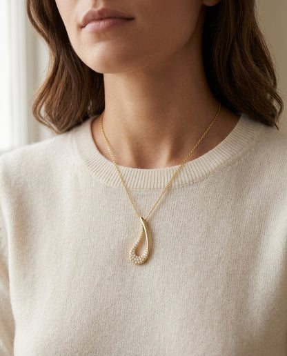 Diamond Pave Curved Open Tear Drop Pendant In 18k Yellow Gold (18-inch) — editorial close-up
