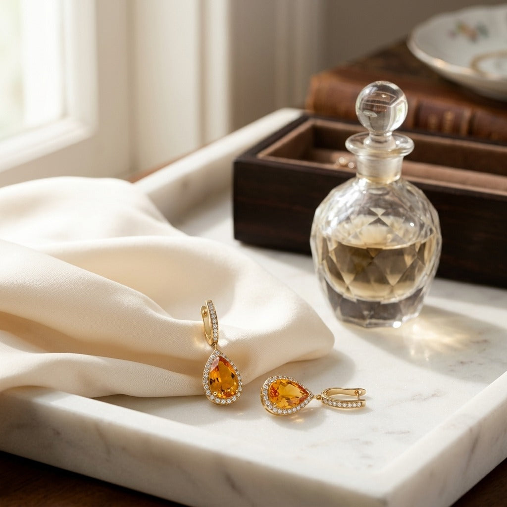 Citrine Pear And Diamond Halo Earrings In 18k Yellow Gold (1 1/6 Ct. Tw.) — marble silk