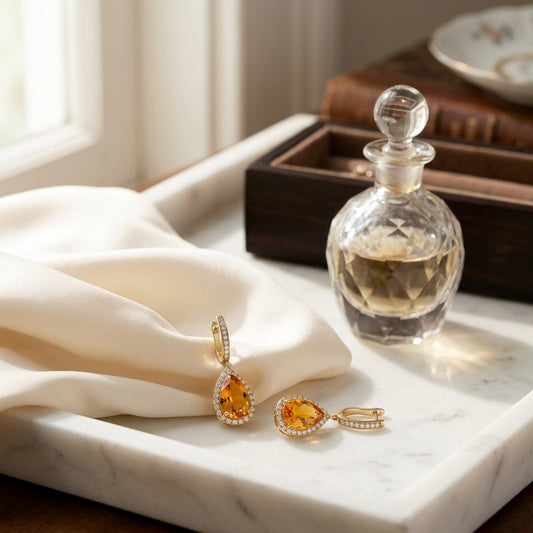 Citrine Pear And Diamond Halo Earrings In 18k Yellow Gold (1 1/6 Ct. Tw.) — marble silk