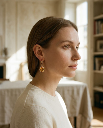 Citrine Pear And Diamond Halo Earrings In 18k Yellow Gold (1 1/6 Ct. Tw.) — portrait close