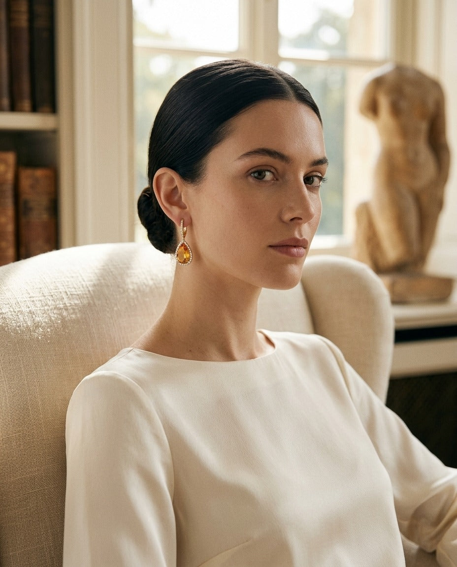 Citrine Pear And Diamond Halo Earrings In 18k Yellow Gold (1 1/6 Ct. Tw.) — portrait full