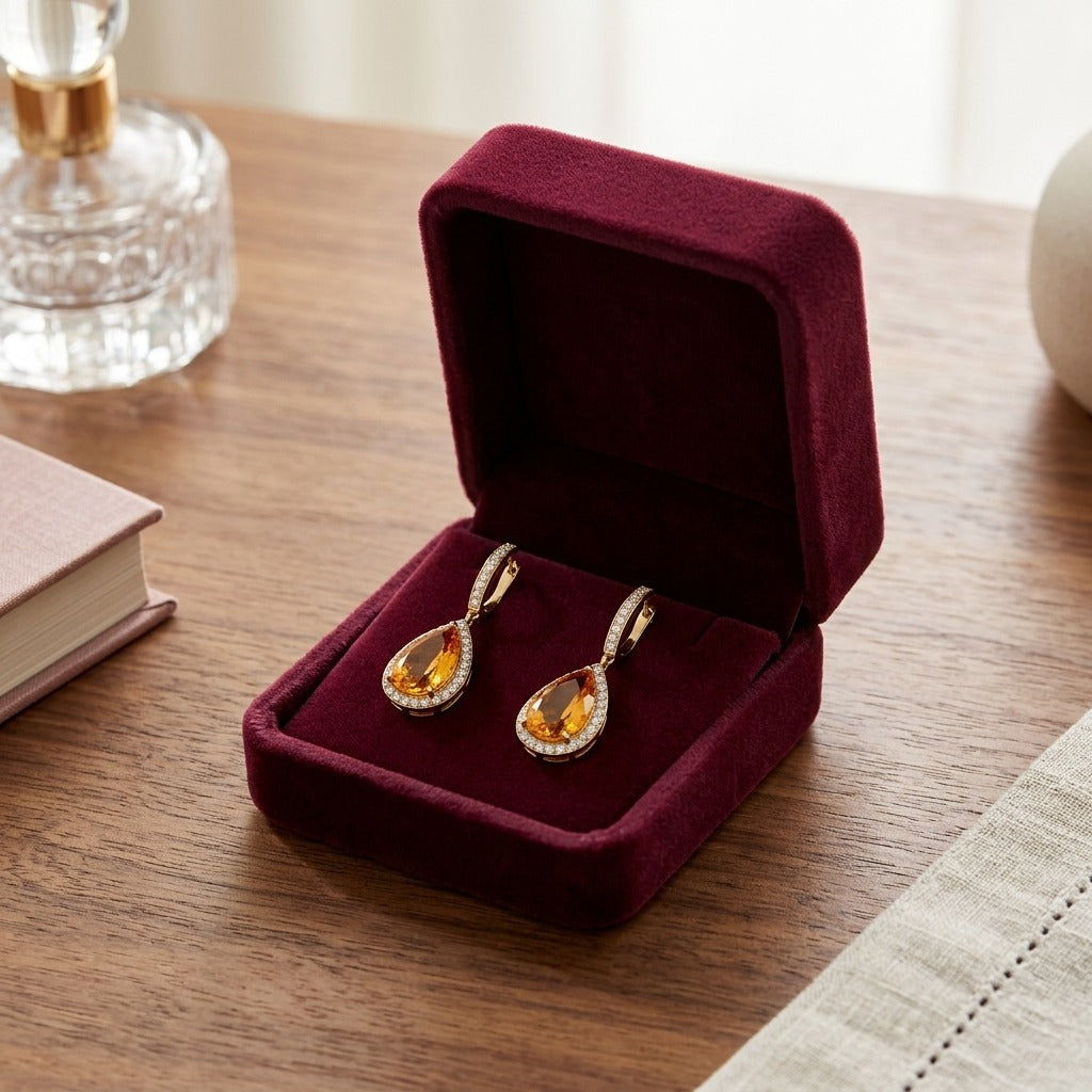 Citrine Pear And Diamond Halo Earrings In 18k Yellow Gold (1 1/6 Ct. Tw.) — velvet box