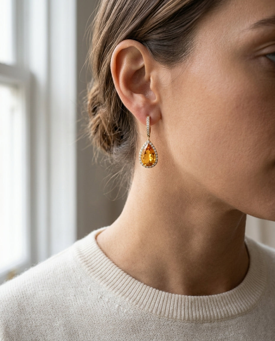 Smokey Quartz Pear And Diamond Halo Earrings In 18k Yellow Gold (1 1/6 Ct. Tw.) — editorial close-up