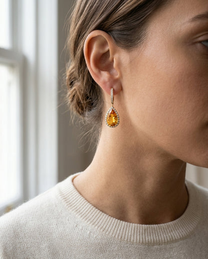 Smokey Quartz Pear And Diamond Halo Earrings In 18k Yellow Gold (1 1/6 Ct. Tw.) — editorial close-up