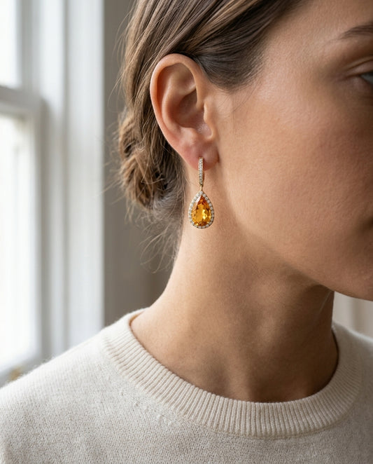 Smokey Quartz Pear And Diamond Halo Earrings In 18k Yellow Gold (1 1/6 Ct. Tw.) — editorial close-up
