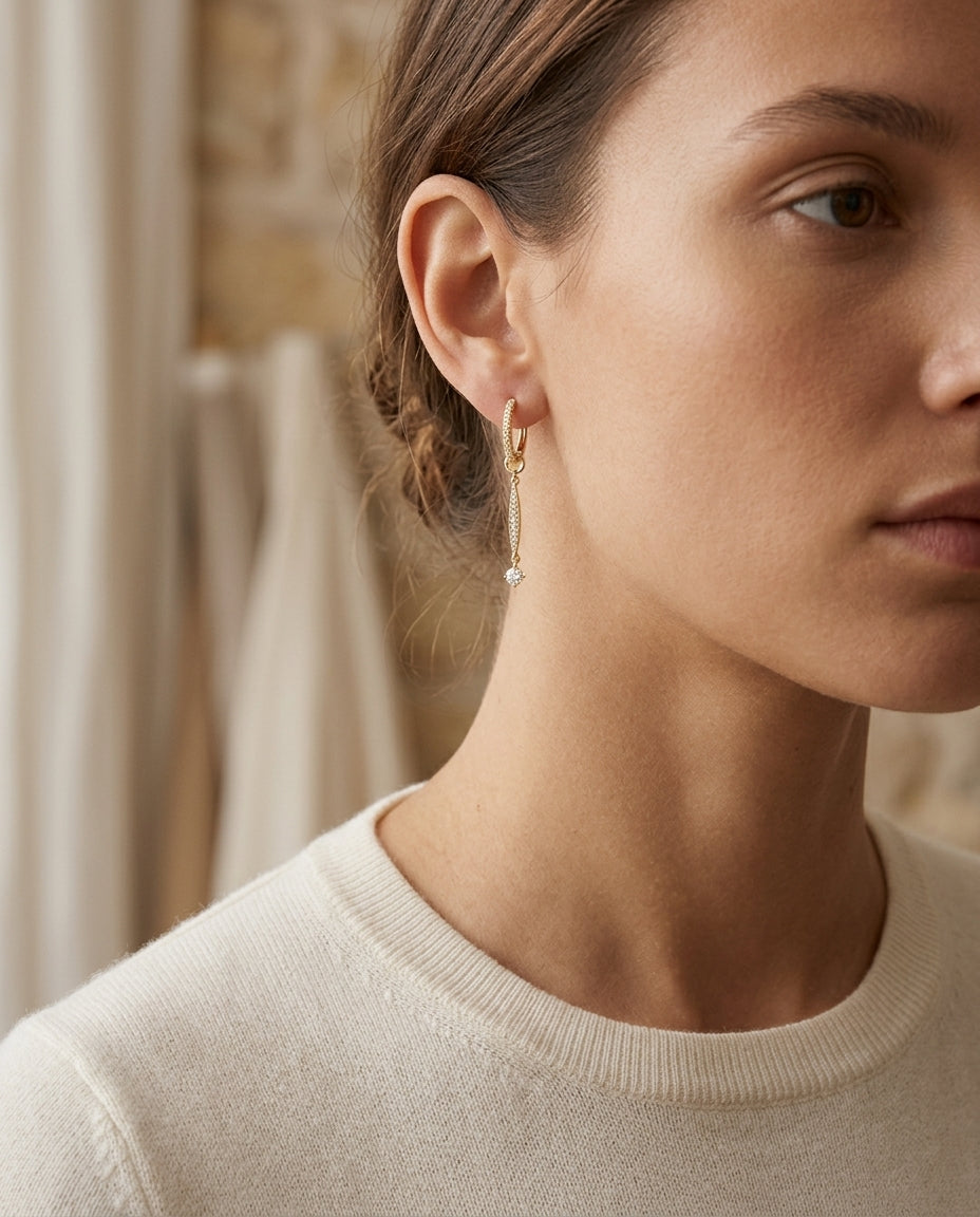Hoop/ Drop  0.65ct Diamonds Earrings Set In 18k Yellow Gold — editorial close-up