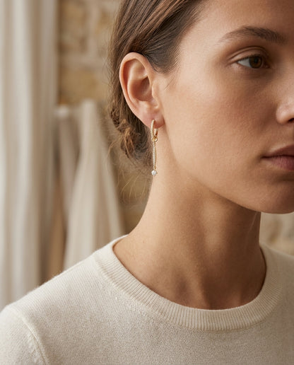 Hoop/ Drop  0.65ct Diamonds Earrings Set In 18k Yellow Gold — editorial close-up