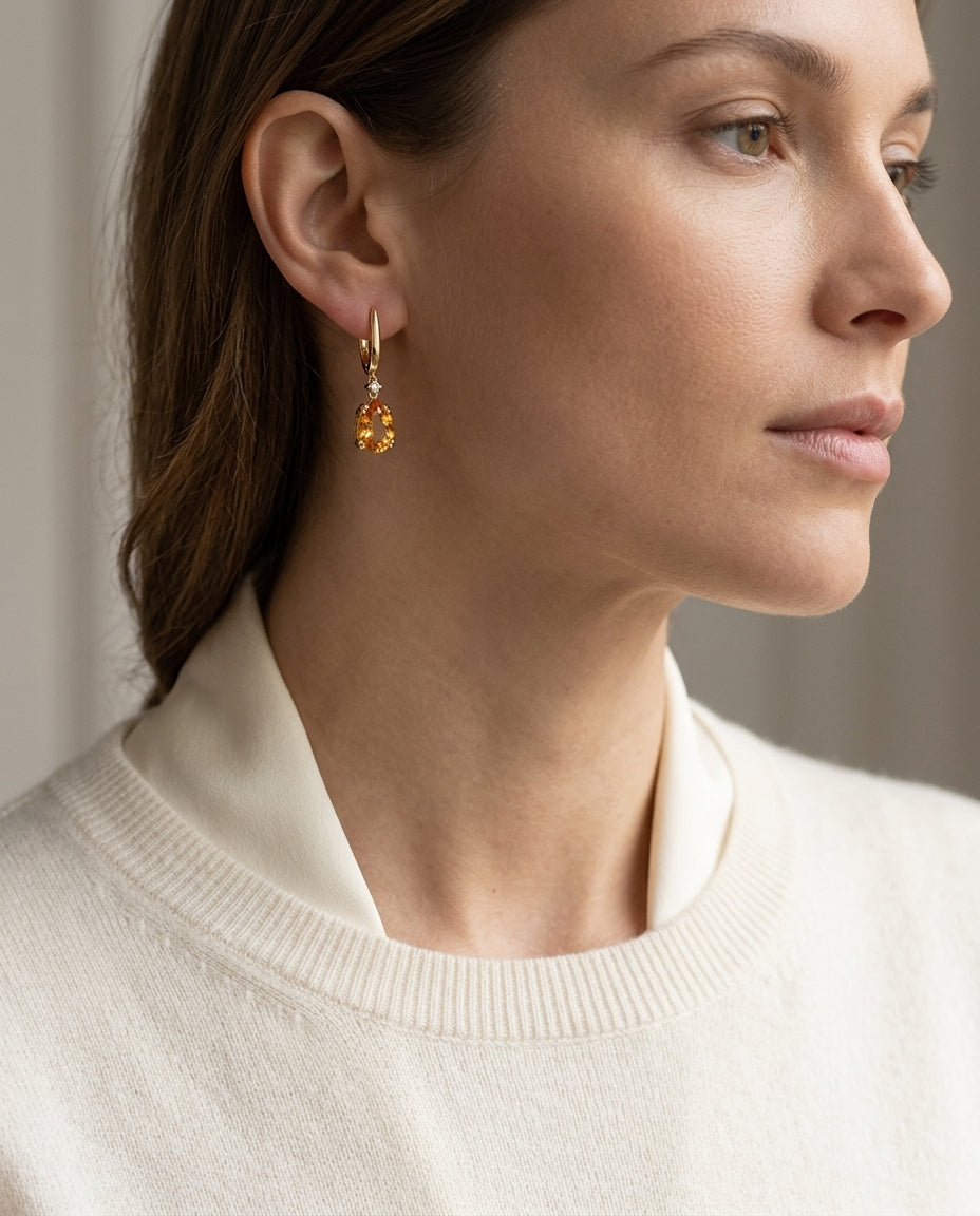 Citrine And Diamond Teardrop Dangle Earrings In 18k Yellow Gold (9x6mm) — editorial close-up