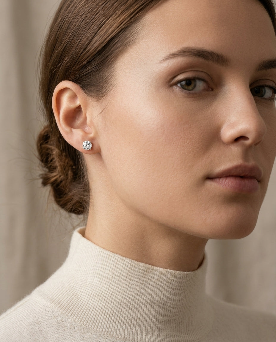 18k Yellow Gold 3-prong Round Brilliant Diamond Stud Earrings (0.75 Ct. T.w., Vs1-vs2 Clarity, F-g Color) — editorial close-up