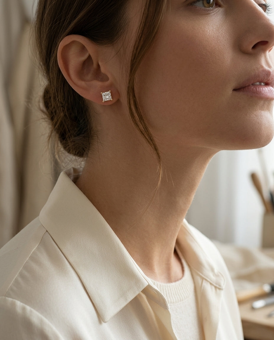 18k Yellow Gold 4-prong Princess Diamond Stud Earrings (0.75 Ct. T.w., Vs1-vs2 Clarity, H-i Color) — editorial close-up