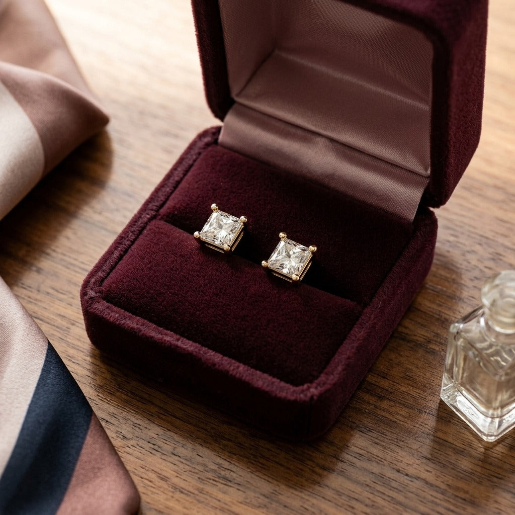 18k Yellow Gold 4-Prong Princess Diamond Stud Earrings (0.75 Ct. T.w., Si1-2 Clarity, H-I Color) — velvet box