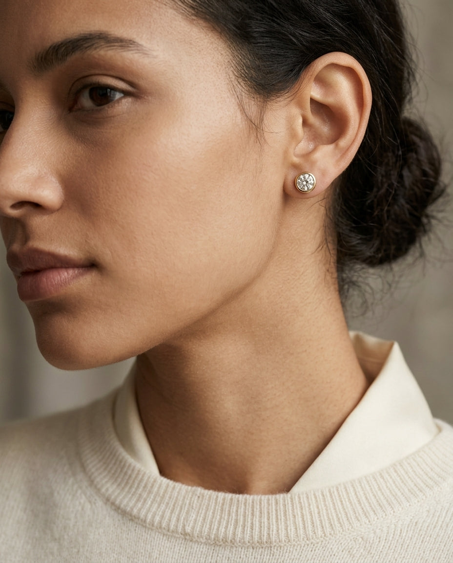18k Yellow Gold Bezel Set Round Brilliant Diamond Stud Earrings (0.75 Ct. T.w., Vs1-vs2 Clarity, H-i Color) — editorial close-up