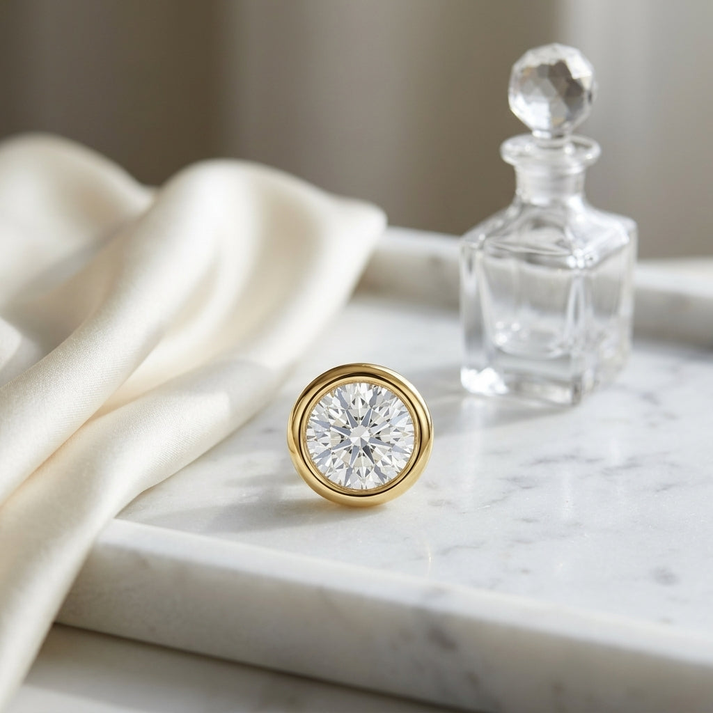 18k Yellow Gold Bezel Set Round Brilliant Diamond Stud Earrings (1 Ct. T.w., Si1-si2 Clarity, H-i Color) — atelier still life
