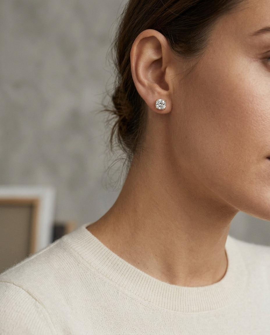18k Yellow Gold 8-prong Round Brilliant Diamond Stud Earrings (2.09 Ct. T.w., Vs1-vs2 Clarity, H-i Color) — editorial close-up
