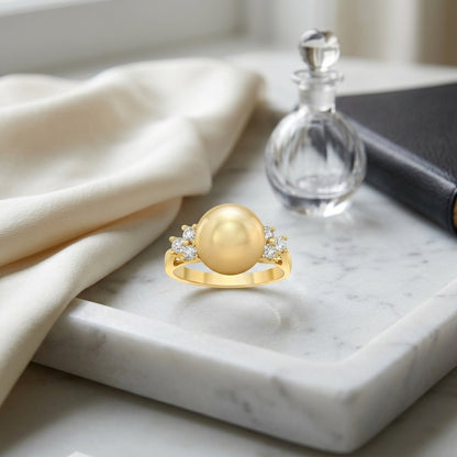 Golden Pearl and Diamond Ring In 18k Yellow Gold 1/3ctw — atelier still life