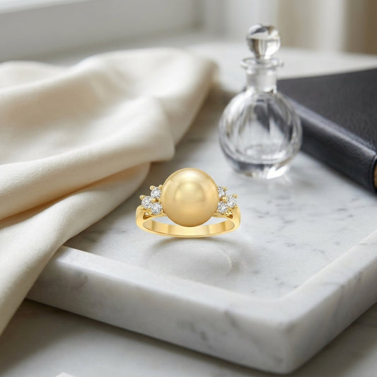 Golden Pearl and Diamond Ring In 18k Yellow Gold 1/3ctw — atelier still life