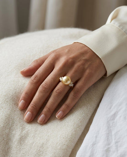 Golden Pearl and Diamond Ring In 18k Yellow Gold 1/3ctw — editorial close-up