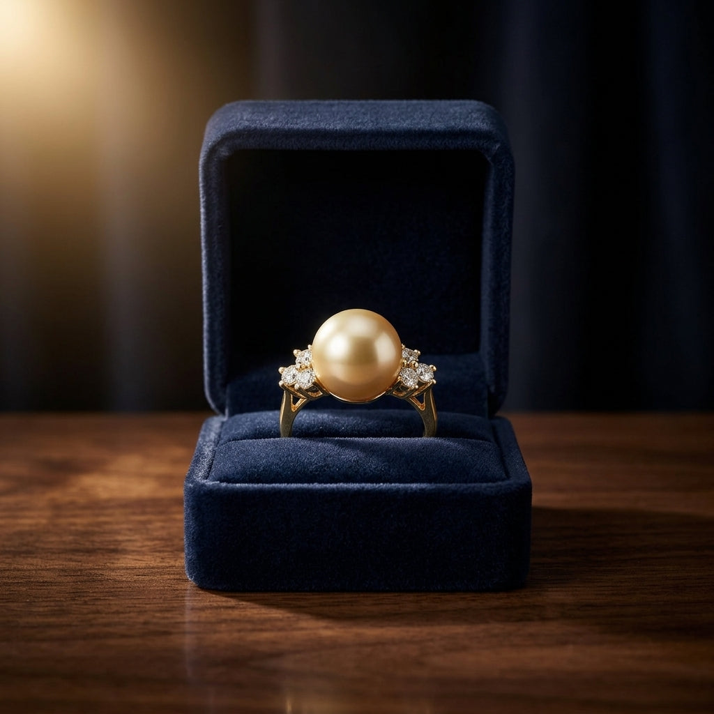 Golden Pearl and Diamond Ring In 18k Yellow Gold 1/3ctw — gift presentation