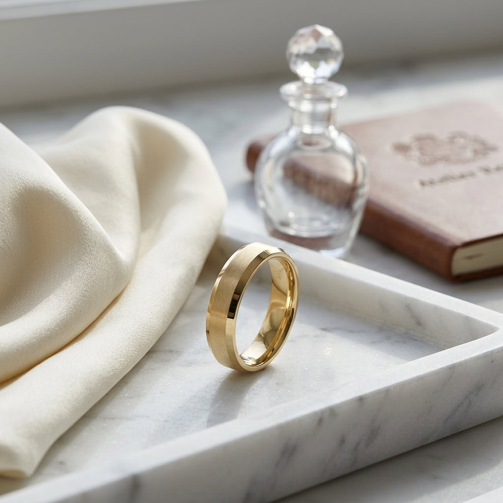 14k Yellow Gold 5mm Comfort Fit Matte Center, High Polish Beveled Edge Band — atelier still life