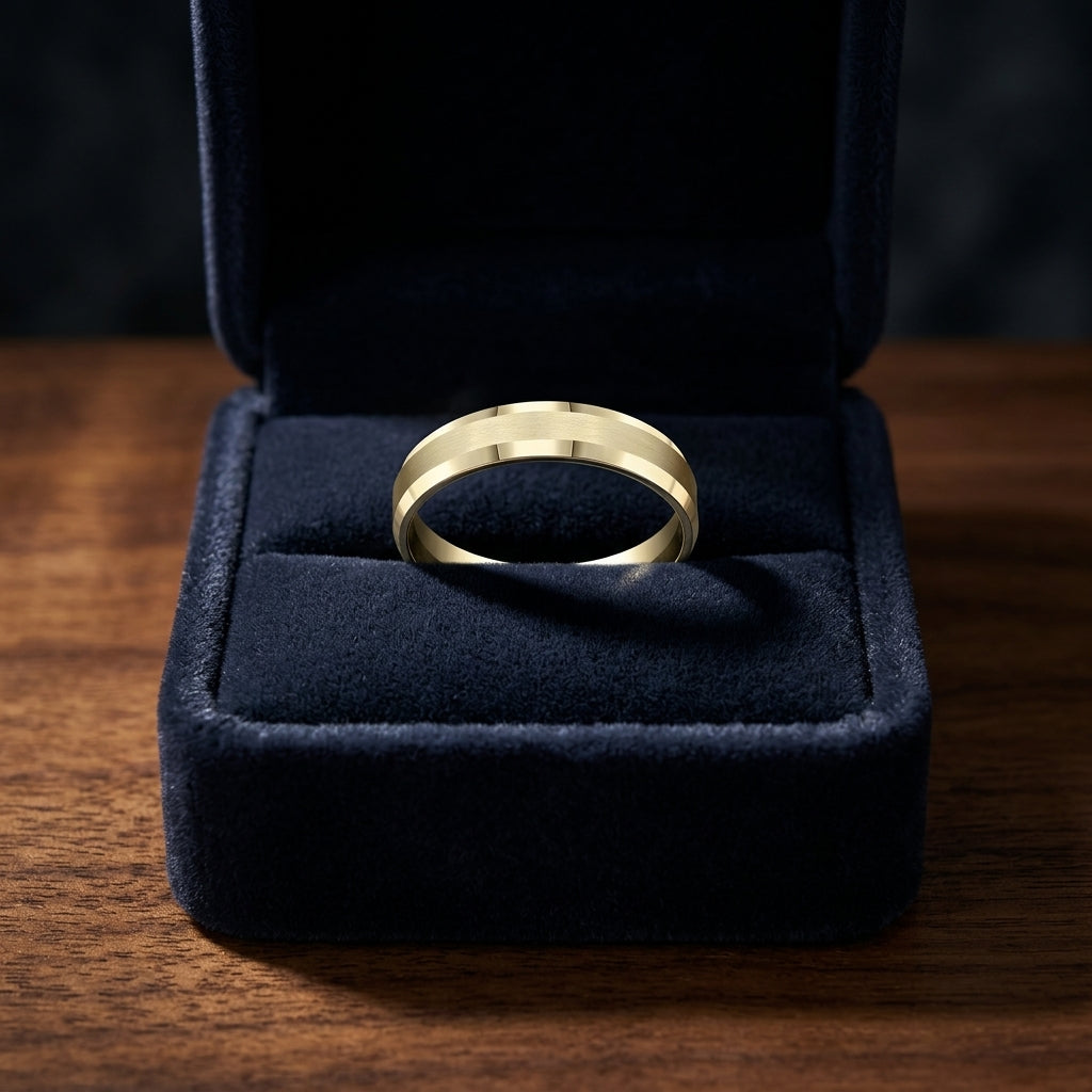 14k Yellow Gold 5mm Comfort Fit Matte Center, High Polish Beveled Edge Band — gift presentation