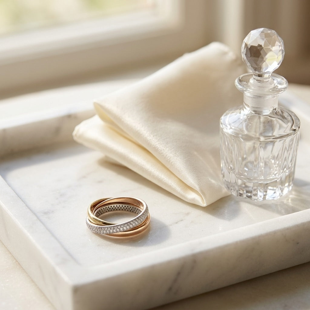 Round Pave Diamond Overlap Tri-band In 14k White, Yellow And Rose Gold — marble silk