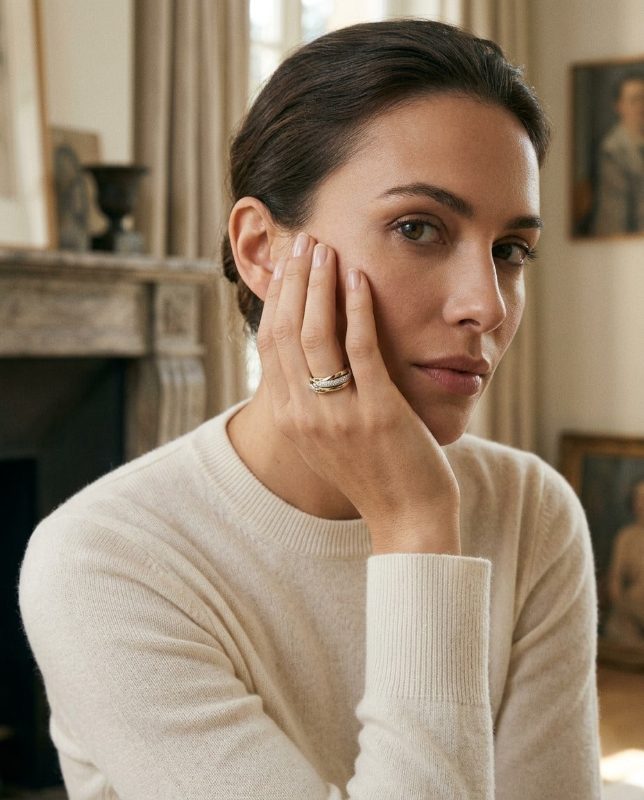 Round Pave Diamond Overlap Tri-band In 14k White, Yellow And Rose Gold — portrait full
