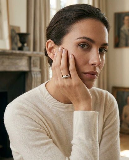 Round Pave Diamond Overlap Tri-band In 14k White, Yellow And Rose Gold — portrait full
