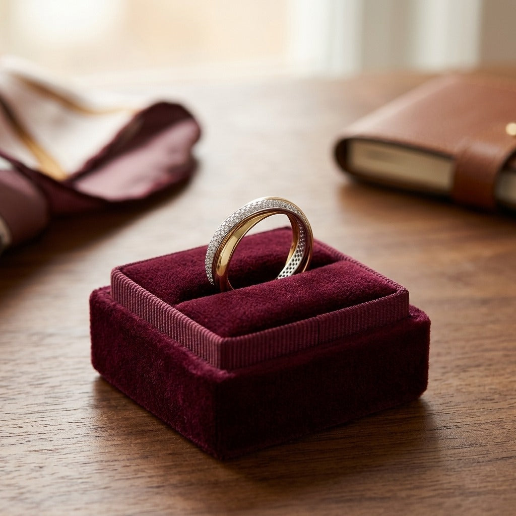 Round Pave Diamond Overlap Tri-band In 14k White, Yellow And Rose Gold — velvet box