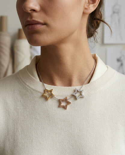 Diamond 3 Star Pendant In 14k Three Tone Gold (18-in Curb Chain) — editorial close-up