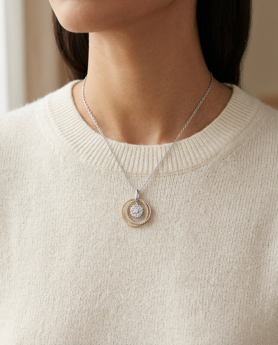 Diamond Three-circle Pendant In 14k Multi-color Gold — editorial close-up
