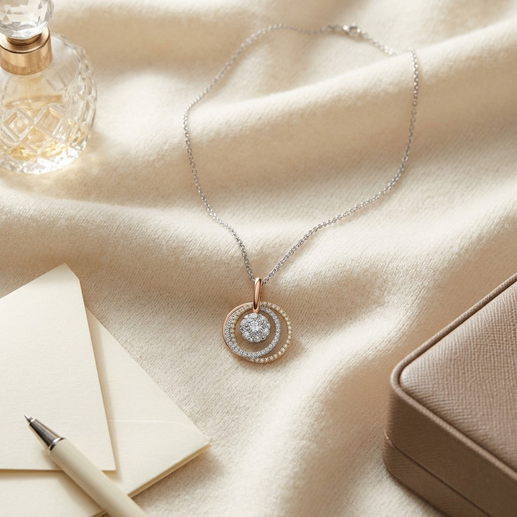 Diamond Three-circle Petite Pendant In 14k Multi-color Gold — textile flat lay