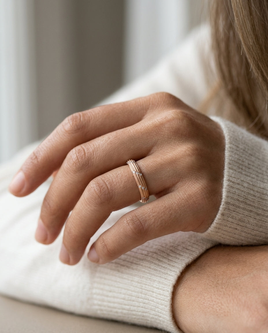 Diamond Striated Stackable Band In 14k Rose Gold — editorial close-up