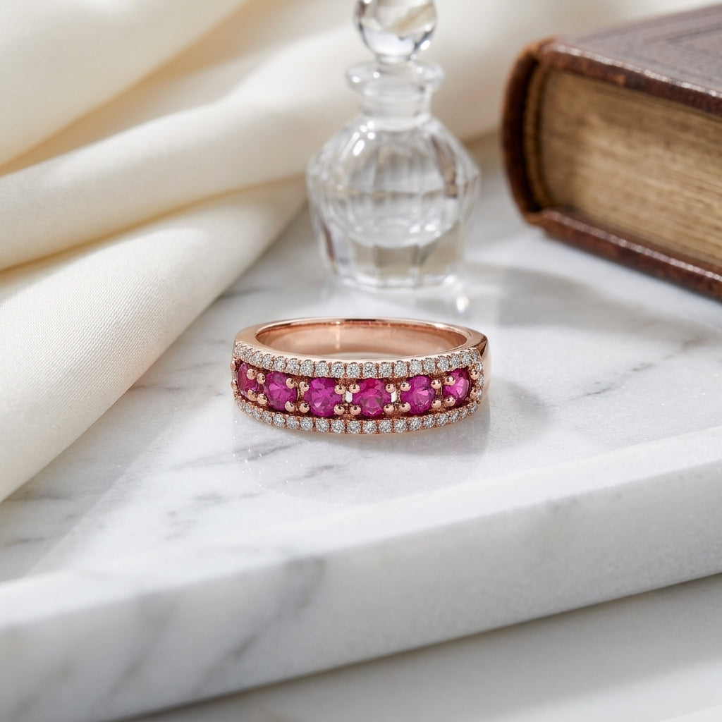 Ruby And Diamond Pave' Three Row Ring In 14k Rose Gold — atelier still life