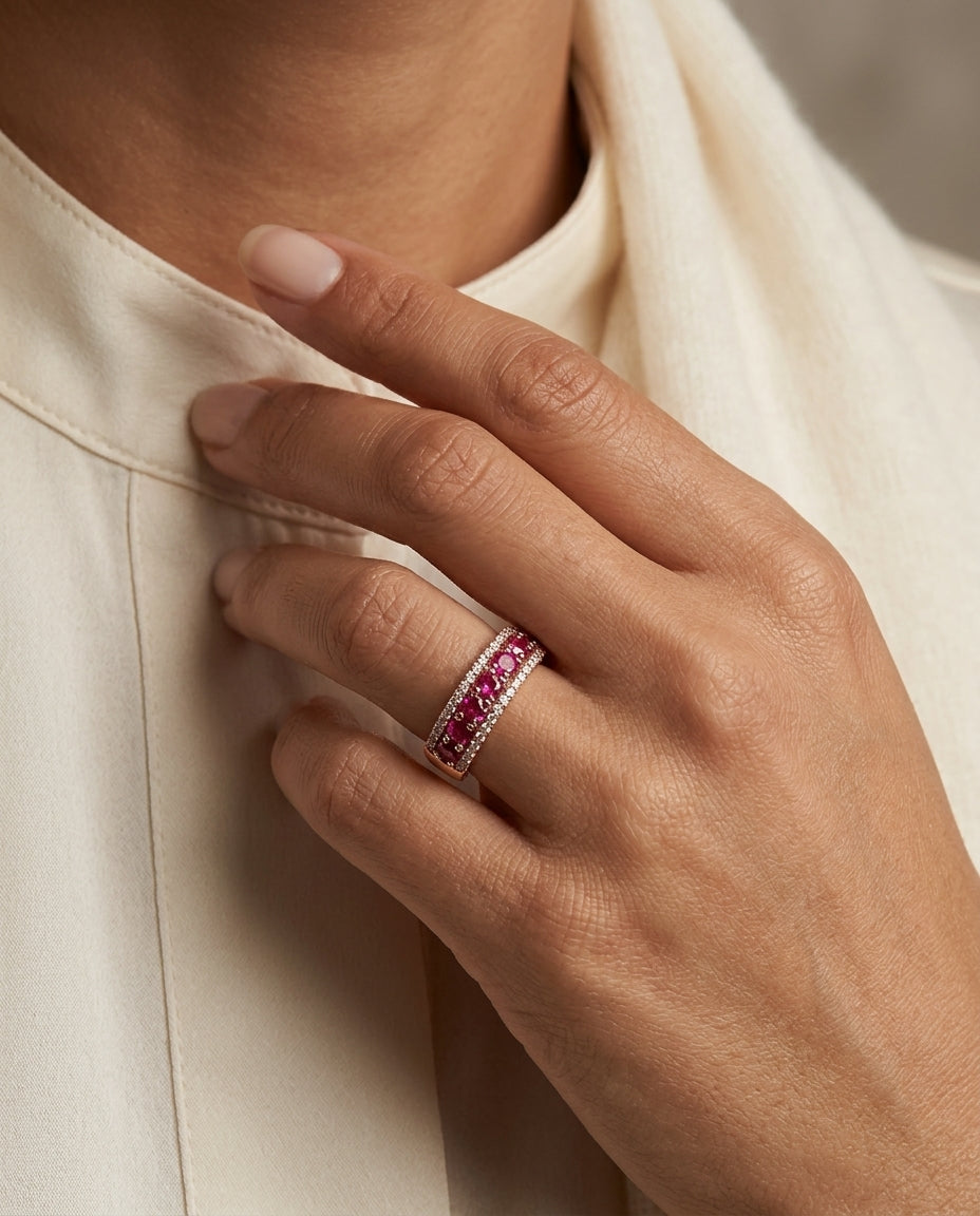 Ruby And Diamond Pave' Three Row Ring In 14k Rose Gold — editorial close-up