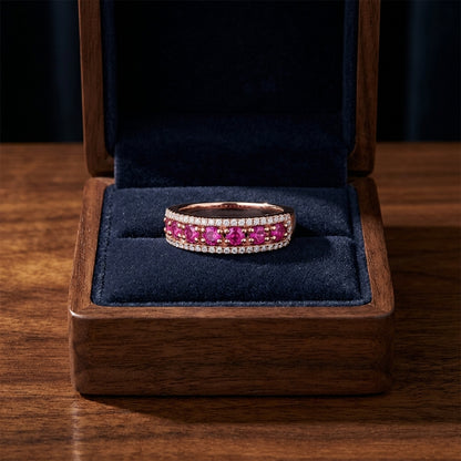 Ruby And Diamond Pave' Three Row Ring In 14k Rose Gold — gift presentation